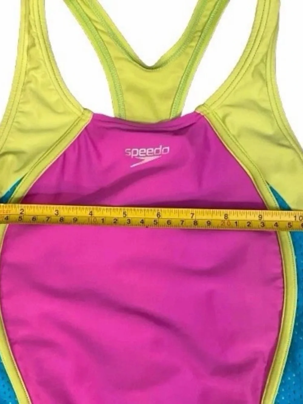 Speedo Girls Size 12 One Piece Swimsuit Racerback Pink Lime Blue Mesh 90s VTG